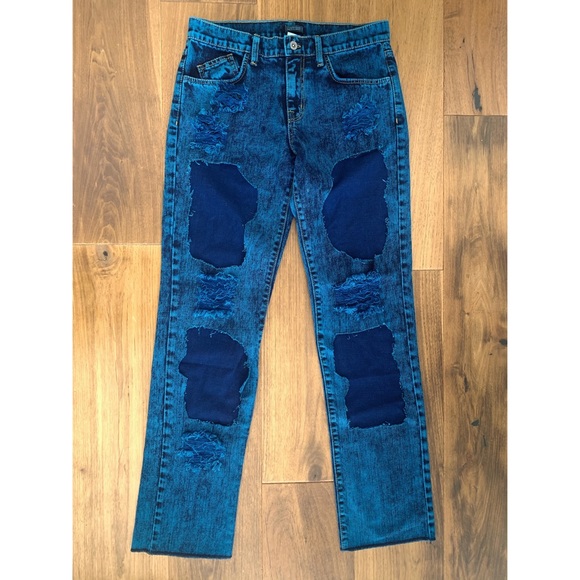 LF 90s Baggy Carmar Cut-Out Acid Wash Ripped Jeans Blue - Custom Made - Picture 1 of 6
